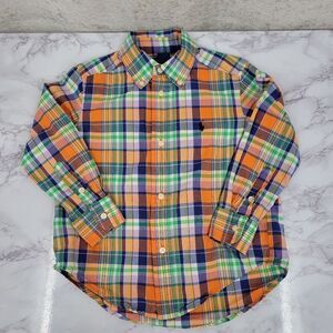 Ralph Lauren Boys 3T Multicolor Plaid Long Sleeve Button Down Shirt Orange Green